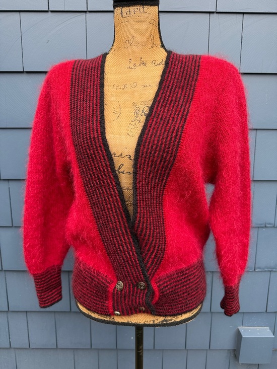 Vintage Sweaters - Vintage Red Fuzzy Cardigan with Black Trim Dar Genie Mohair blend med